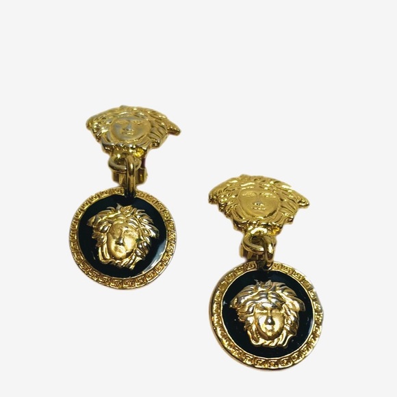 Versace Jewelry - Versace Medusa Drop Gold and Black Enameled Clip-On Earrings